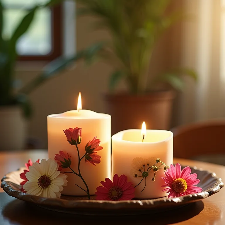 Velas artesanais decoradas com flores secas