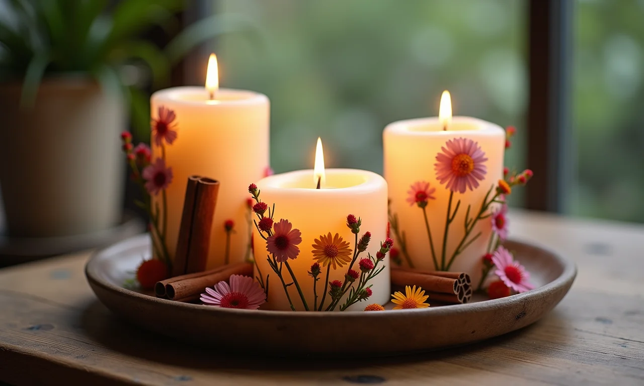 Velas decoradas com canela e flores secas recicladas.