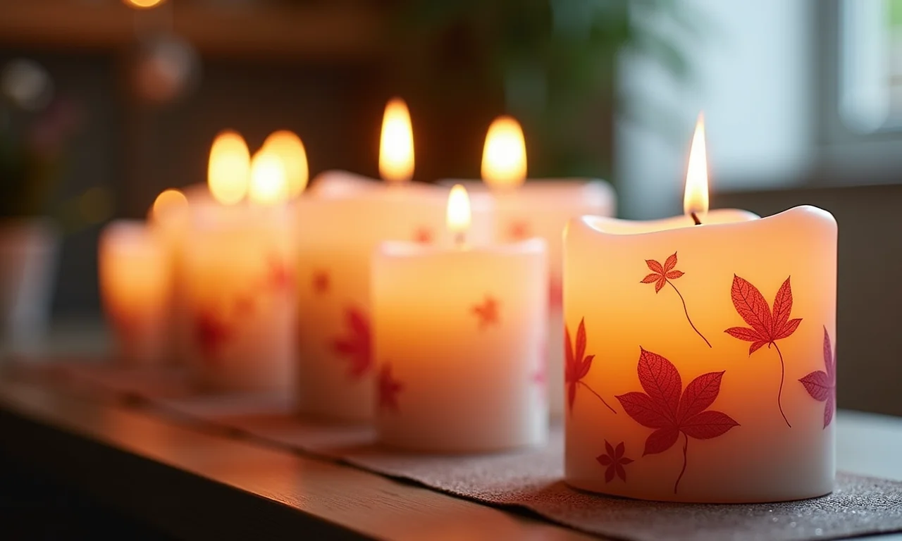 Velas decoradas com detalhes em EVA dispostas sobre uma mesa.