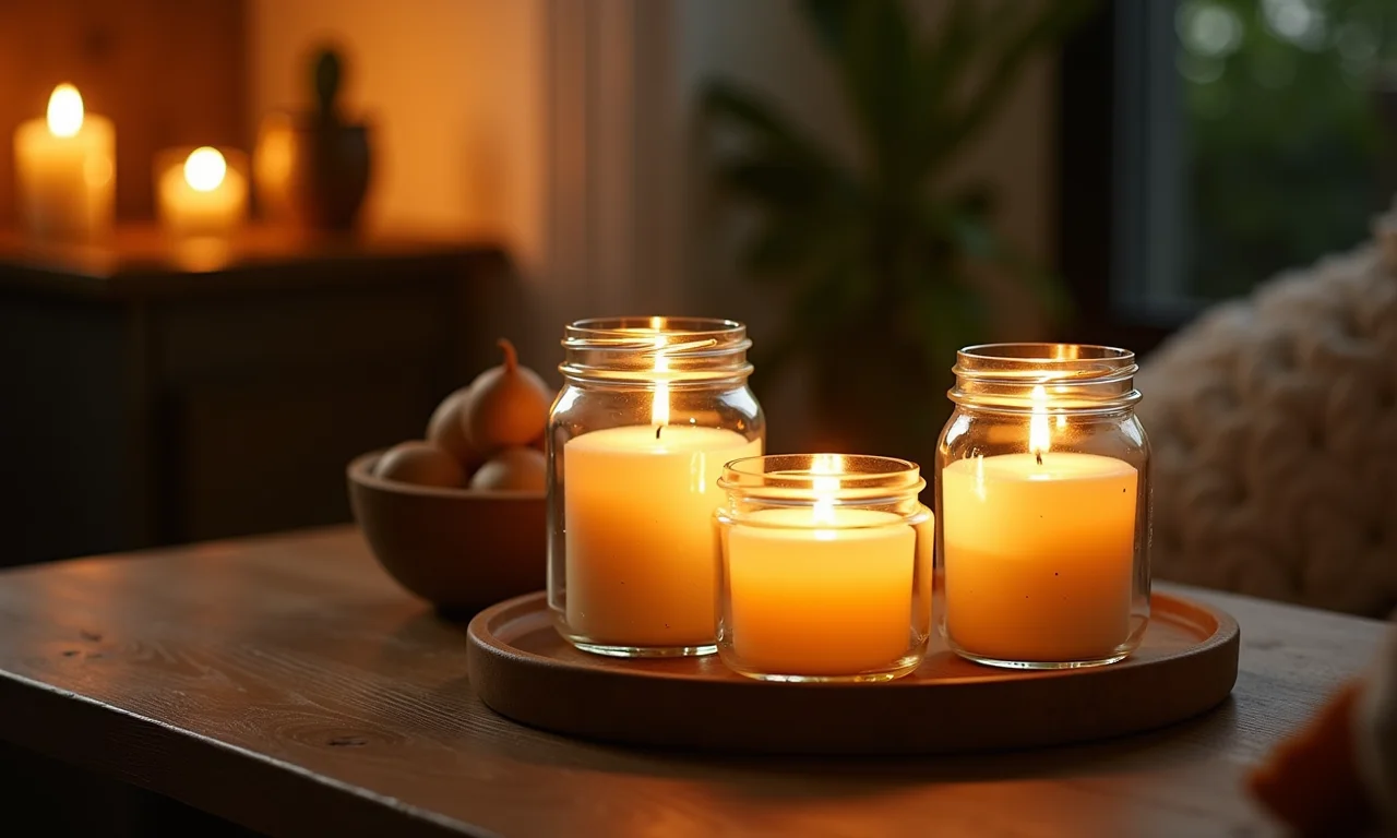 Velas decoradas com potes de vidro reciclados.