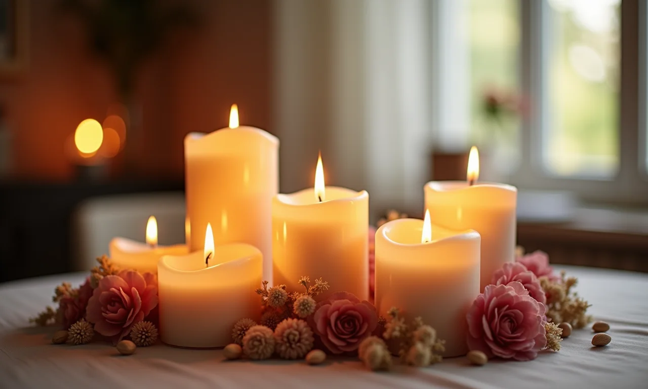 Velas decoradas como enfeite de mesa, criando um ambiente aconchegante.