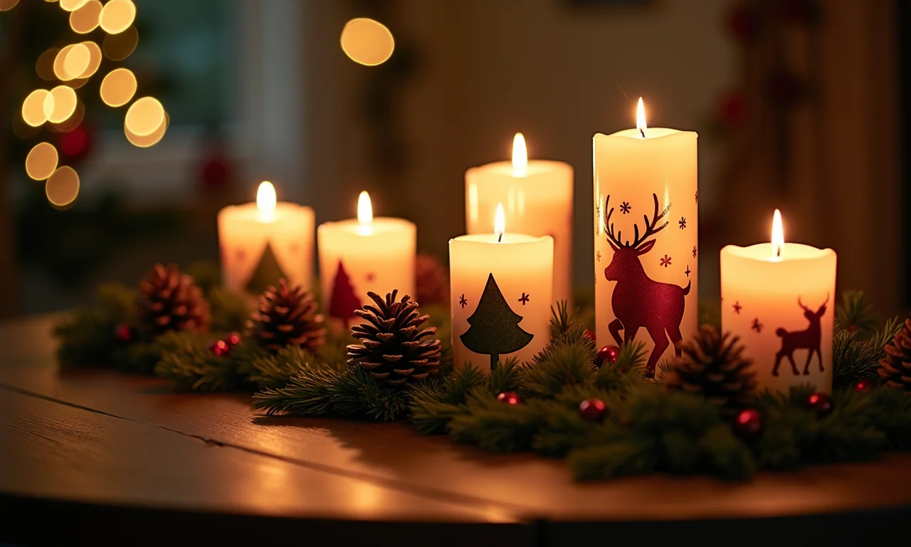 Velas decoradas em uma mesa de madeira com temática natalina.