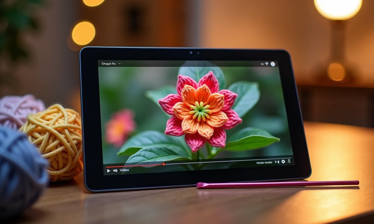 Vídeo tutorial de crochê de flor exibido em um tablet.