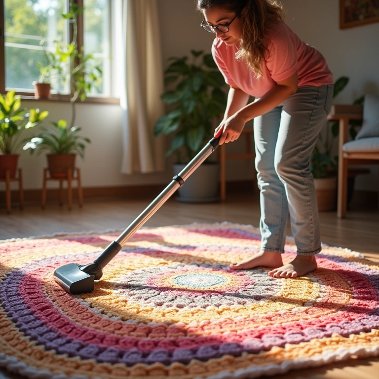 Woman carefully vacuuming a colorful crochet rug in a sunlit Brazilian home, showcasing the rug's Mulher aspirando tapete de crochê colorido em casa ensolarada.
