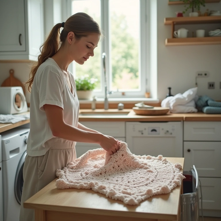 Woman washing a crochet rug by hand in a bright laundry room, using gentle soap. professional Lavando tapete de crochê à mão com sabão neutro.