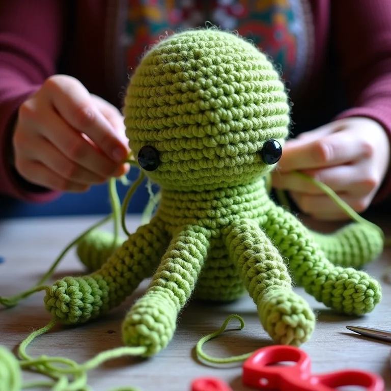 Acabamento descuidado em amigurumi de polvo: fios soltos e mal arrematados