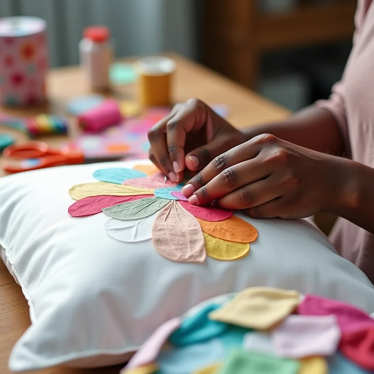 Almofada customizada com retalhos de tecido sendo costurada
