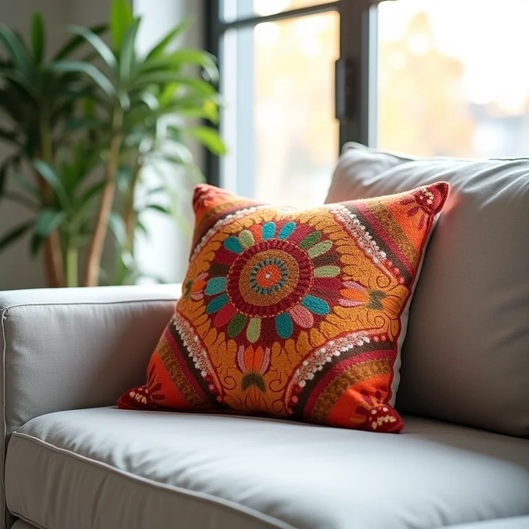 Almofada de fuxico colorida decorando sofá moderno