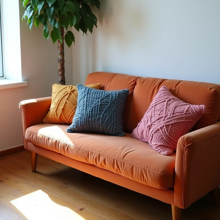 Almofadas coloridas de barbante em sofá de sala.