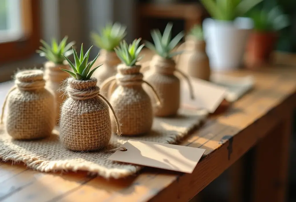 Lembrancinhas de casamento com juta: 5 ideias rústicas e originais Arranjo de lembrancinhas de casamento rústicas com juta e elementos naturais.
