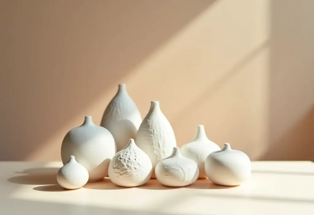 Arranjo de lembrancinhas de gesso finalizadas em mesa clara