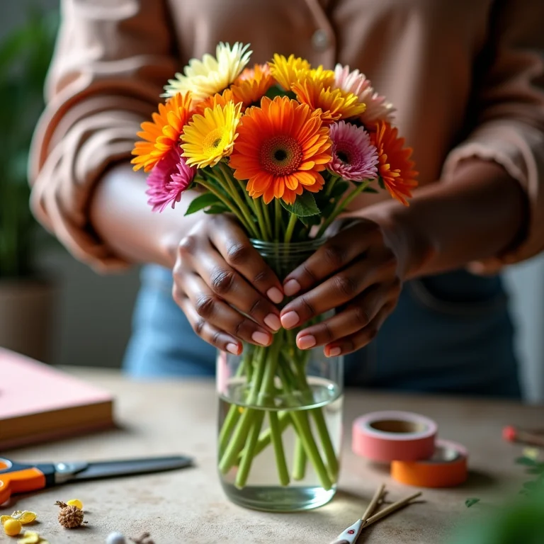 Arranjo floral delicado em garrafa de vidro reaproveitada
