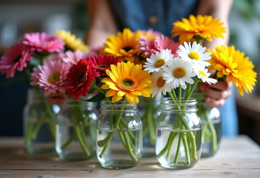 Arranjos florais simples em potes de vidro para decoração artesanal