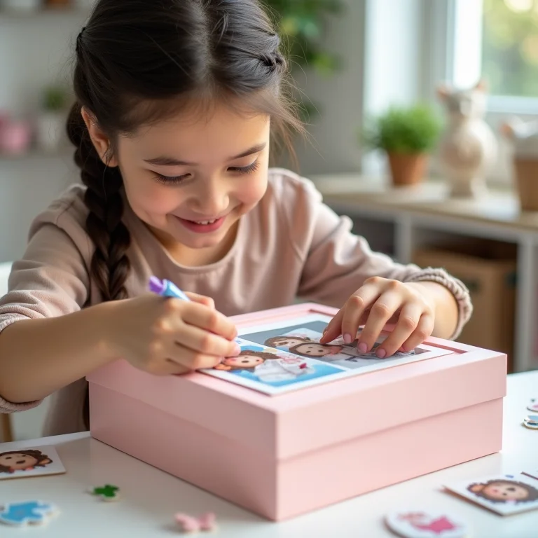 Artesã colando fotos de bebê em caixa de MDF decorada