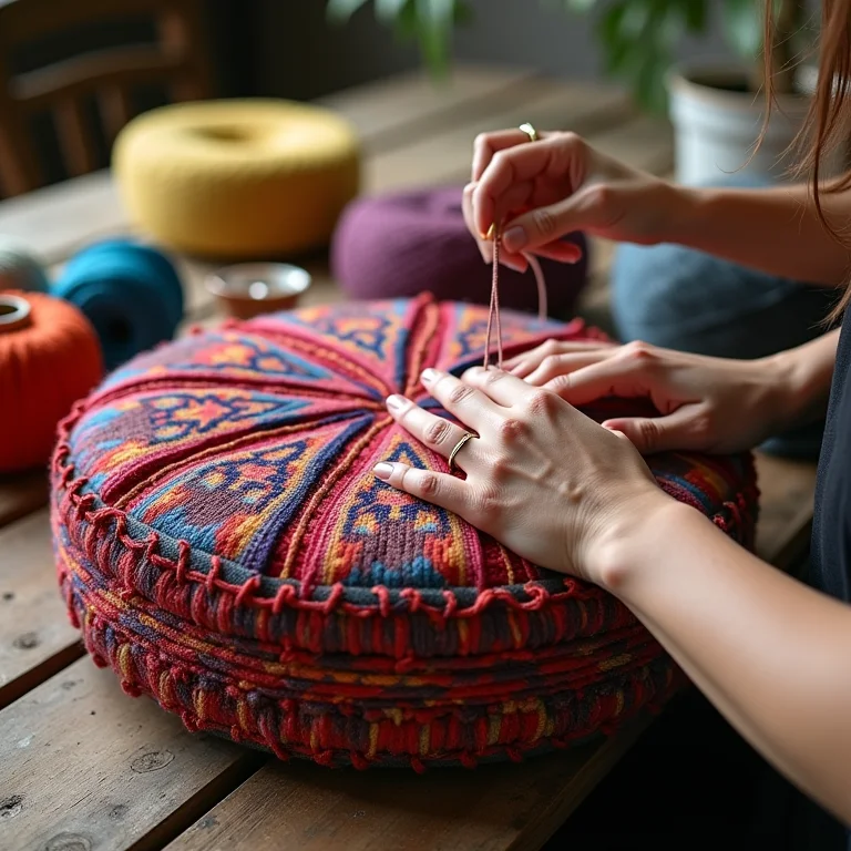 Artesã costurando capa para puff de pneu