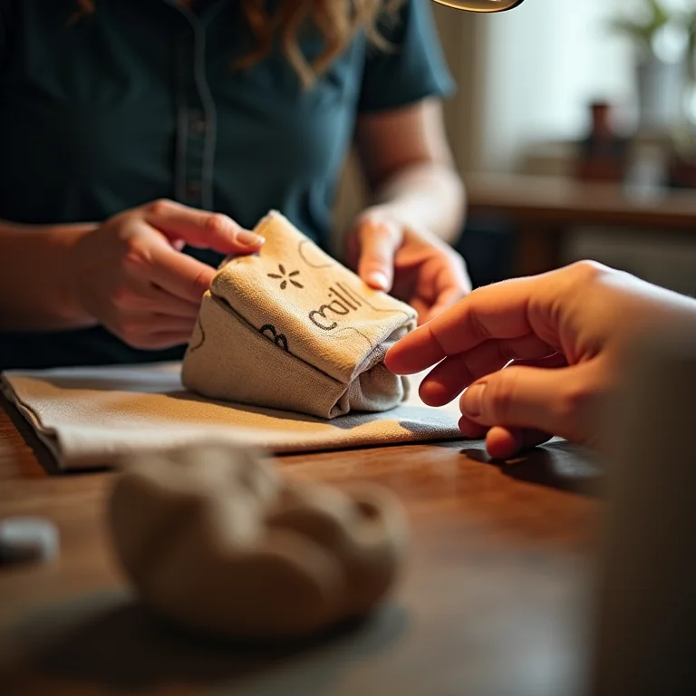 Artesã costurando carteira feita com caixa de leite reciclada