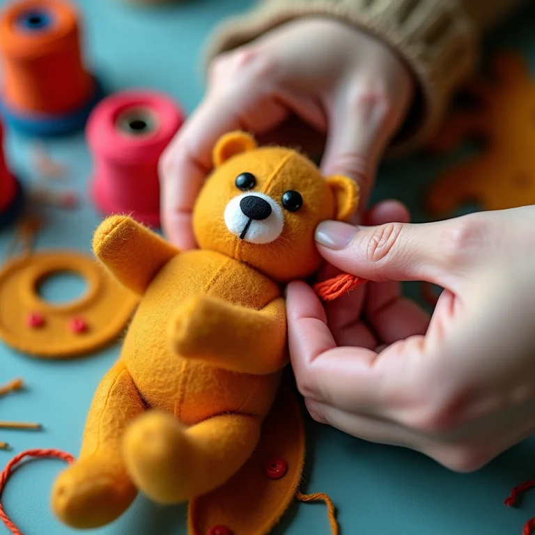 Artesã costurando feltro para criar um urso
