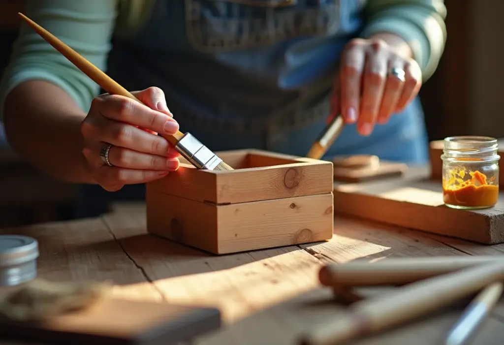 Artesã customizando caixa de madeira em ateliê brasileiro