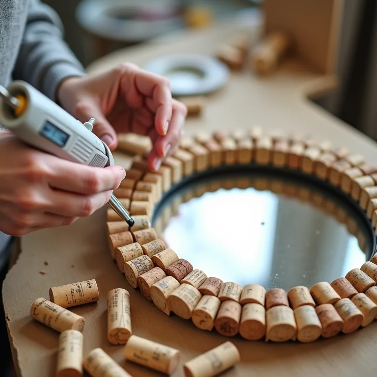 Artesã decorando espelho com rolhas de cortiça recicladas