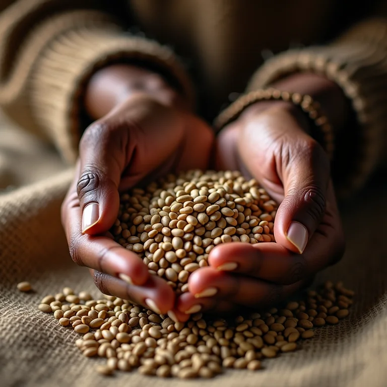 Artesã enchendo saquinhos de juta com sementes para lembrancinhas de casamento.