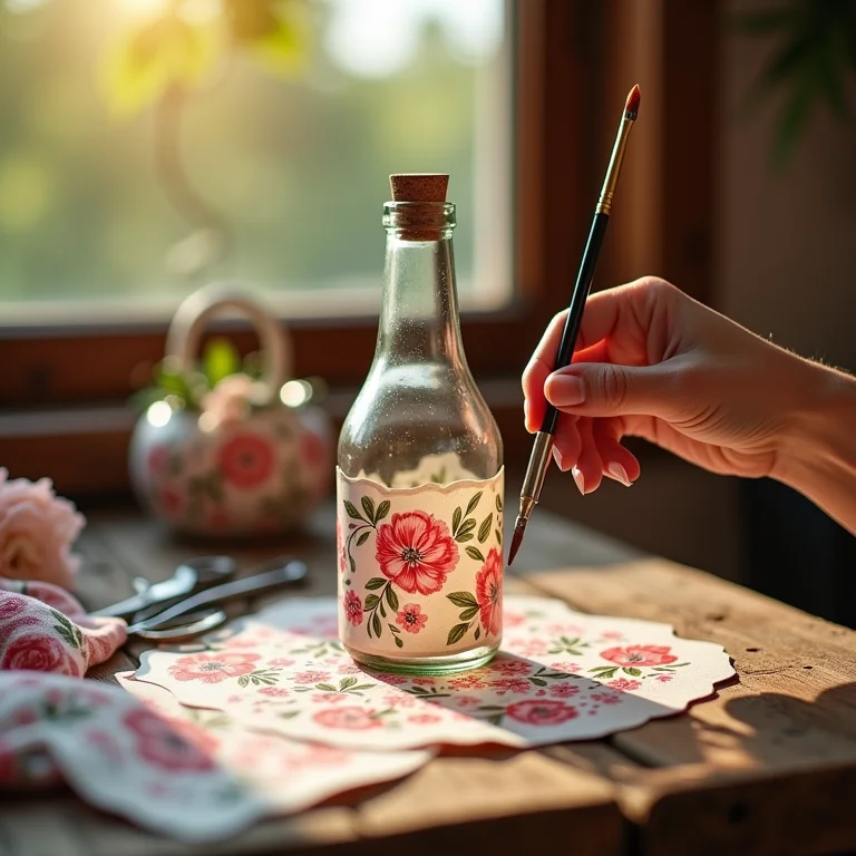 Artesã fazendo decoupage em garrafa de vidro.
