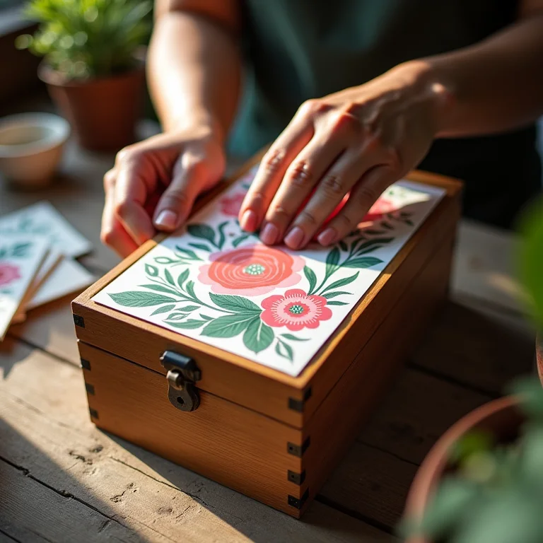 Artesã fazendo decoupage floral em caixa de madeira