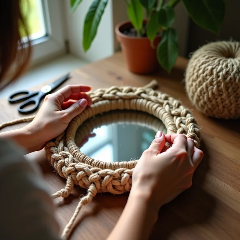 Artesã fazendo macramê em espelho