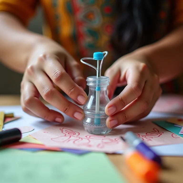 Artesã indígena criando brinquedos de garrafa PET