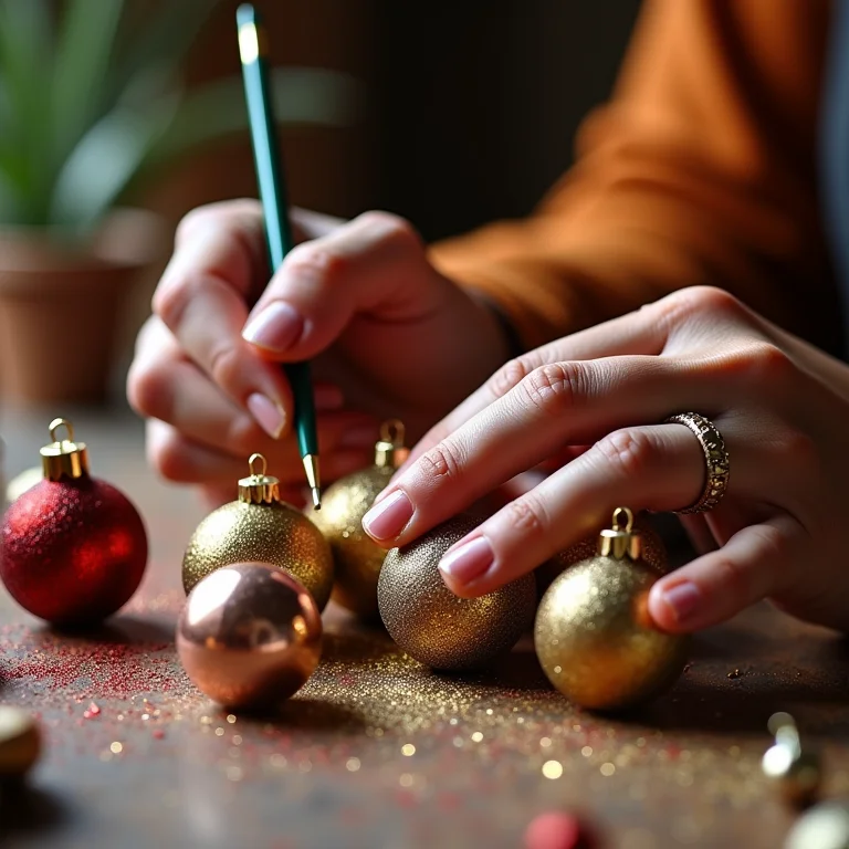Artesã indígena personalizando bolas de Natal para guirlanda