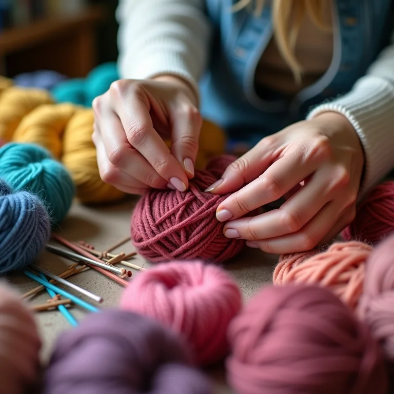 Artesã jovem examinando fios coloridos de alta qualidade