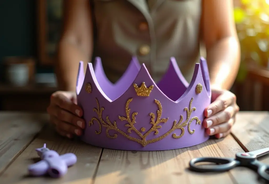 Artesã moldando coroa da Princesa Sofia em EVA roxo com glitter dourado.