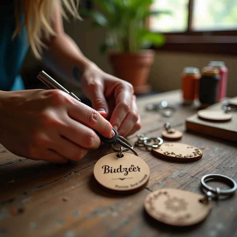 Artesã montando chaveiros de MDF personalizados