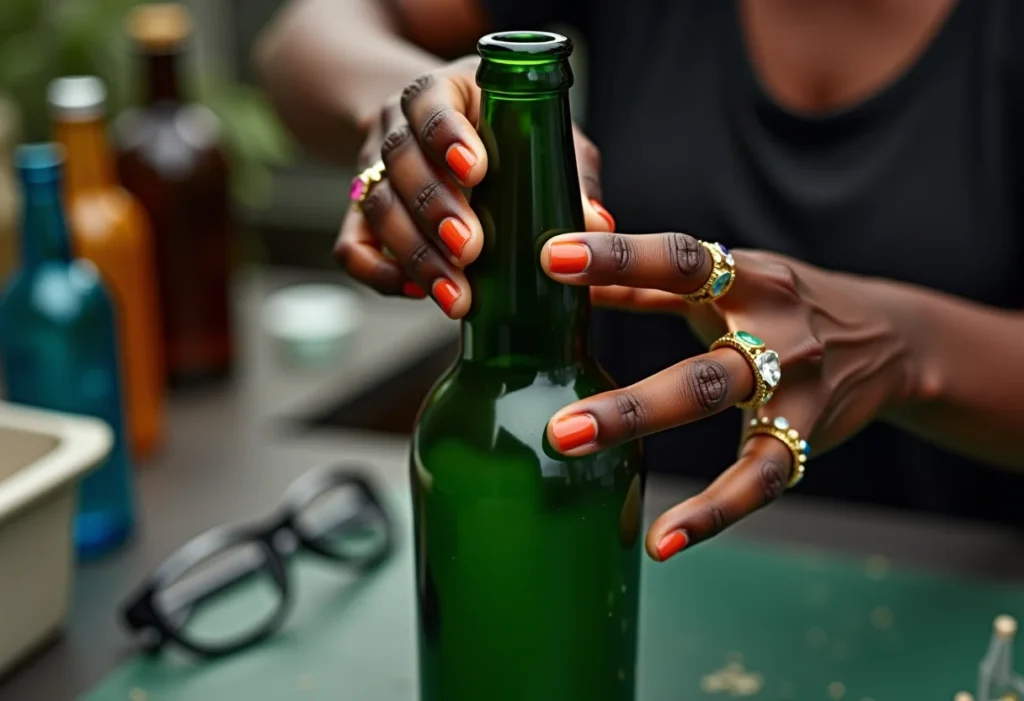 Artesanatos com garrafas: Ideias geniais para transformar lixo em luxo Artesã negra cortando garrafa de vidro com ferramenta profissional.