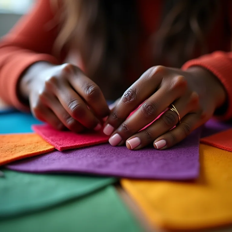 Artesã negra costurando guirlanda de feltro colorido