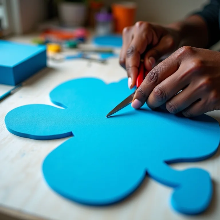 Artesã negra recortando molde da Galinha Pintadinha em EVA azul