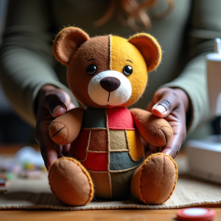 Artesã negra segurando urso de feltro com estilo único