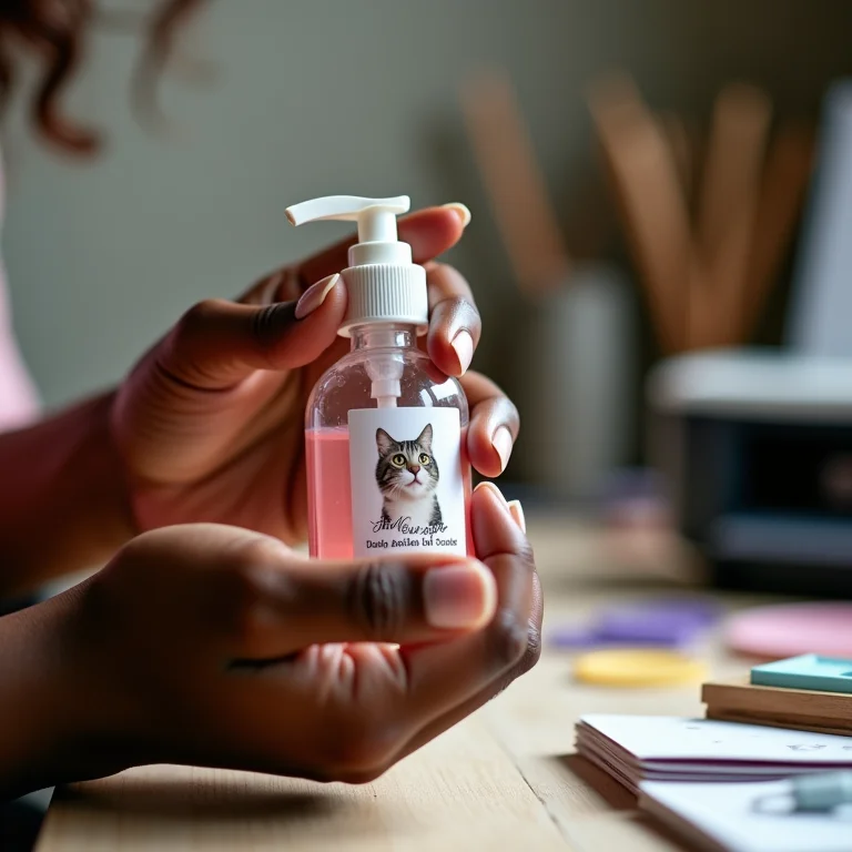 Artesã personalizando frasco de álcool em gel com tema da Gatinha Marie para lembrancinha