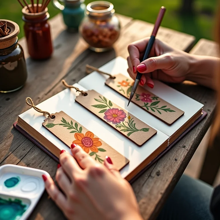 Artesã pintando marcadores de página de MDF com aquarela