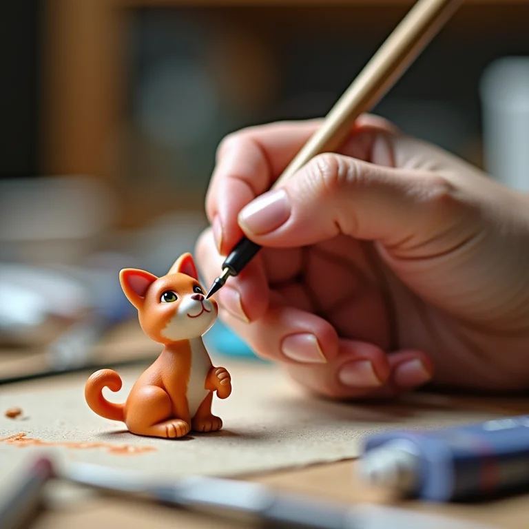 Artesã pintando miniaturas da Gatinha Marie para lembrancinhas de festa