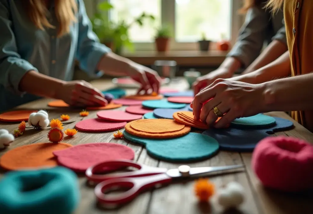 Artesãs brasileiras criando lembrancinhas de feltro