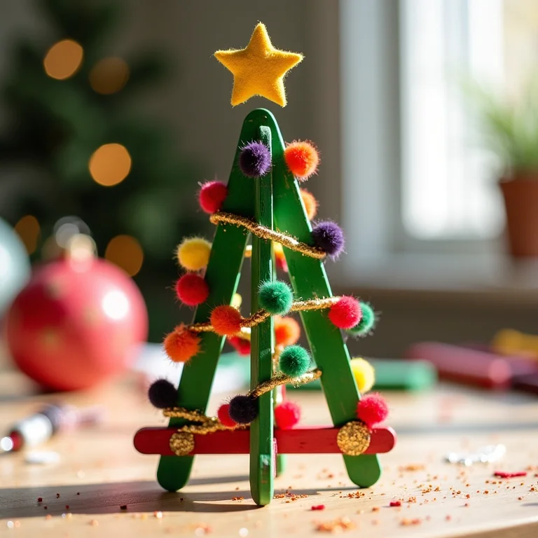Árvore de Natal feita com palitos de picolé decorada com mini pompons