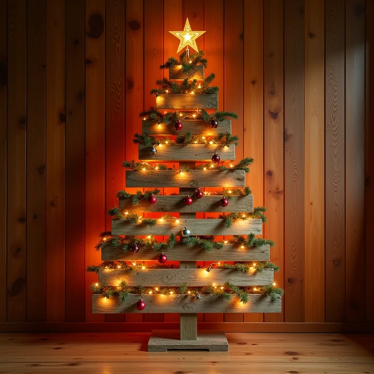 Árvore de Natal feita de pallet reciclado decorada com luzes