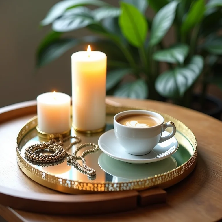 Bandeja espelhada decorativa na mesa de centro