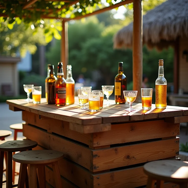 Bar de pallet com copos e garrafas em ambiente externo