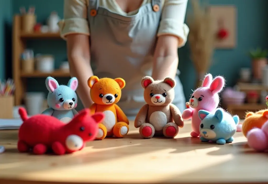 Bichinhos de feltro 3D coloridos em mesa de madeira