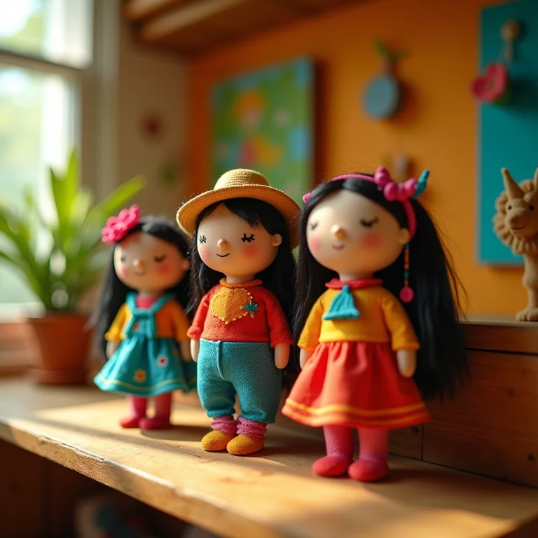 Bonecos Patati Patatá feitos à mão em prateleira de madeira