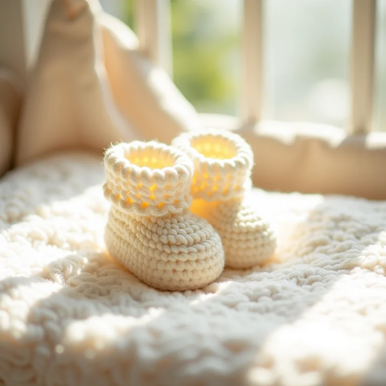 Botinhas de crochê bege em berço de bebê.