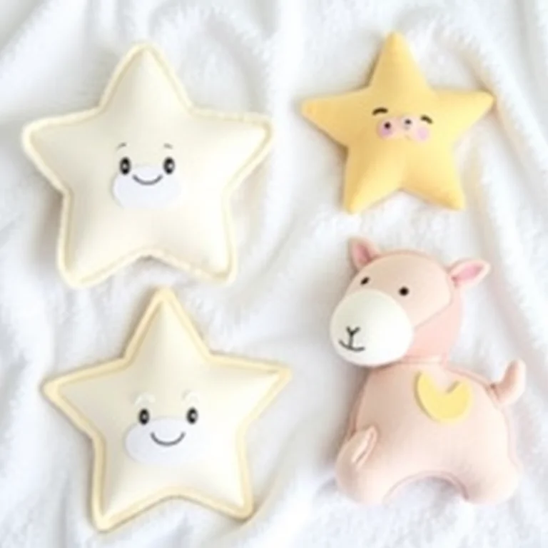 Brinquedos de feltro para bebês em tons pastel sobre manta branca