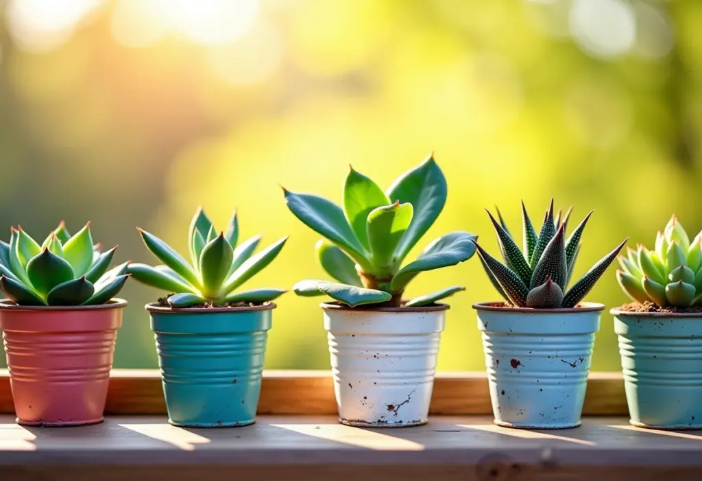Cachepots charmosos feitos de latas de leite recicladas decorando uma varanda ensolarada.