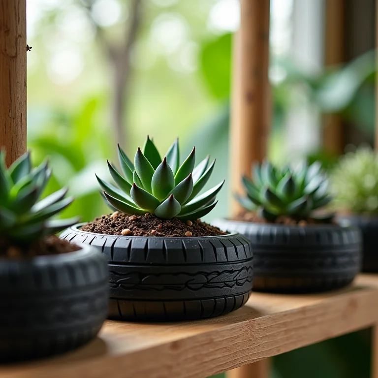 Cachepots de pneu com suculentas decorativas